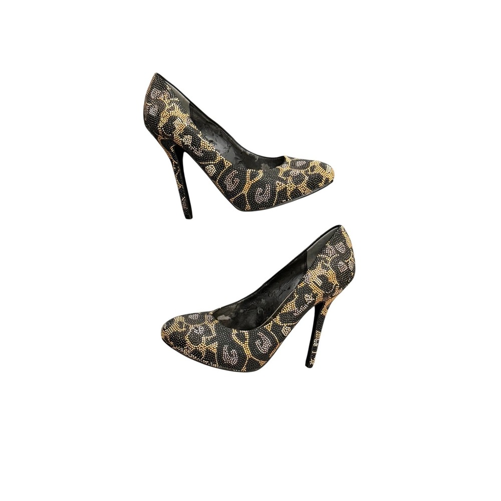 Nina Pumps Women 8.5M Black Gold Leopard Rhinestone Stiletto Crystal Heels